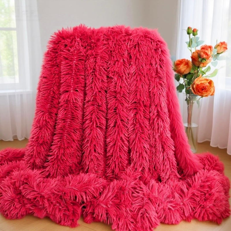 MYRU Plush Super Soft Blanket Bedding Sofa Cover Furry Fuzzy Fur Warm Throw Qulit Cozy Couch Blanket for Winter (63"x79", Pure Red) - Image 1